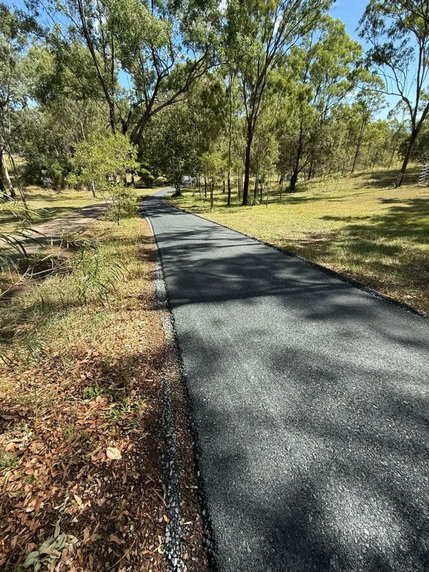 A newly sealed driveway winding through gum trees